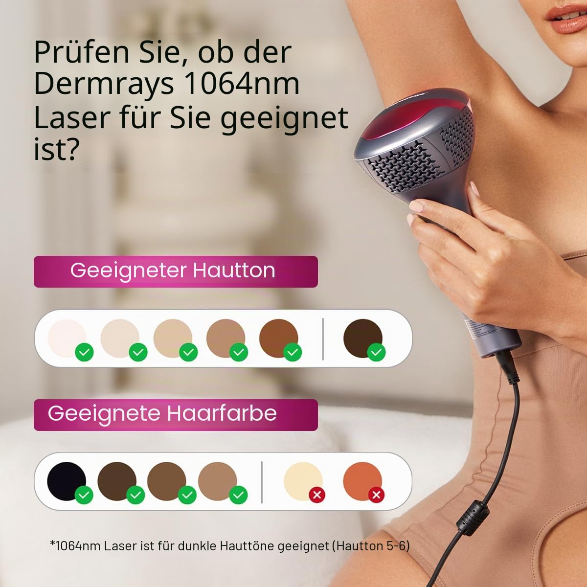 DermRays 1064 nm Diodenlaser-Haarentfernung für Hauttöne 1-6, Eiskühlung, Gesicht, Körper
