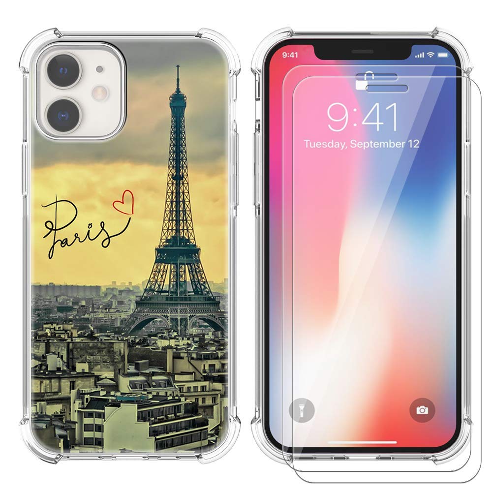 AIPNIS Compatible with iPhone 12/iPhone 12 Pro 6.1 inch with Glass Screen Protectors (2 Pack), Clear Soft TPU Shockproof Bumper Protective Cover for iPhone 12/12 Pro Case