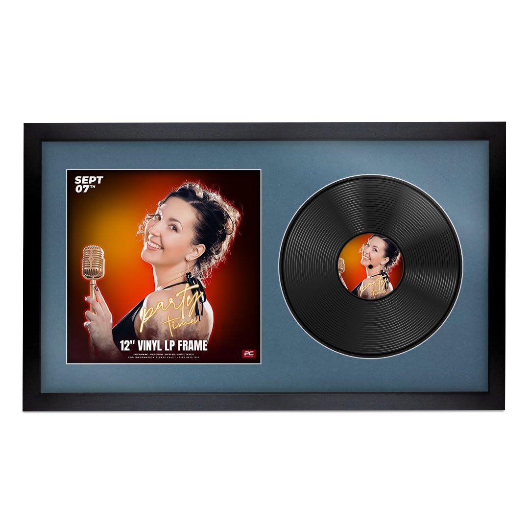 Procut Global 30x17" Black Vinyl Record Frame for 12 Inch LP Cover & Disc - Premium Display Sleek Photo Frame - Engineered Wood with Shatterproof Perspex - Music Lover Gift - Pompadour Mount