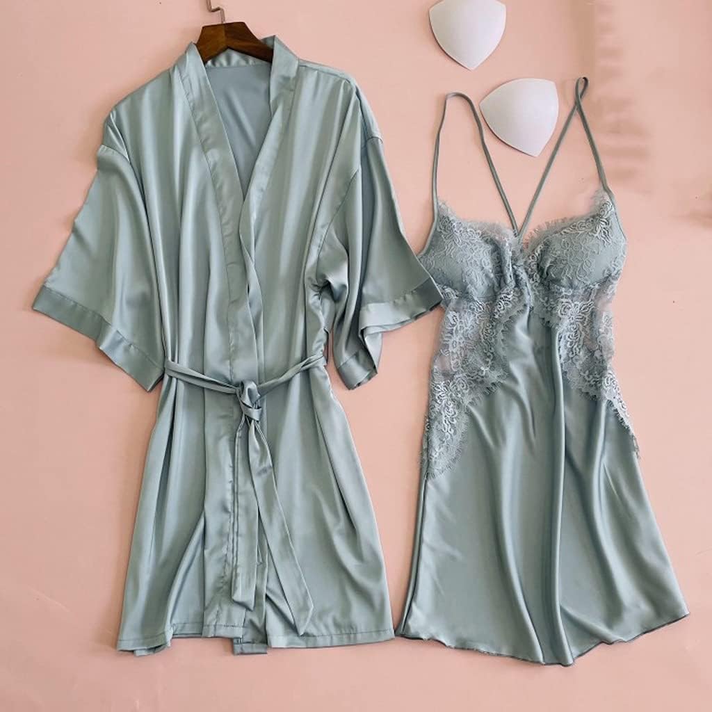 Women Lace Sleepwear Satin 2pcs Robe Set Kimono Gown Sexy Intimate Lingerie Nightwear Casual Homewear Summer New Home Clothing (Color : Yellow Size : Large) (Blue XL)