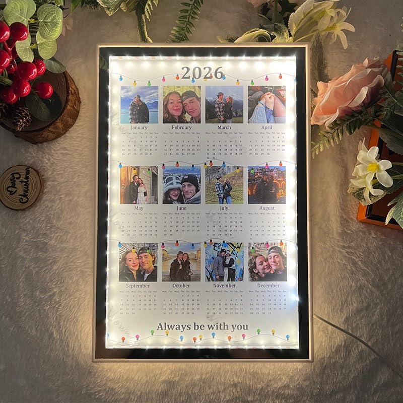 Personalized 2026 Calendar Mirror Light Box with Photo，Custom Pic...