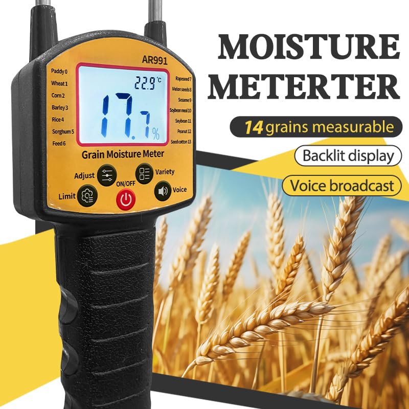 Tester di umidità per cereali, doppia sonda portatile con display retroilluminato, precisione 0,1% per 14 tipi tra cui grano, mais, riso, arachidi, 22,5 cm