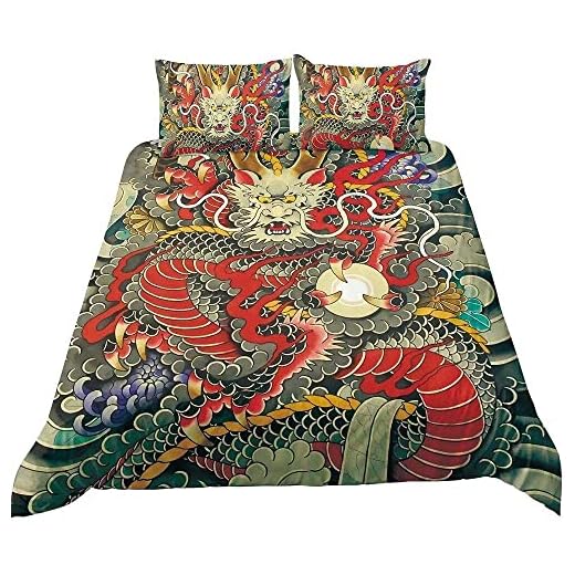 Överkast, Kinesiska drake hem sängkläder Compatible with kvinnor barn flicka pojke orientalisk japansk stil flygande drake print duvet täcke queen conterter set king size 3 bitar säng i en väska