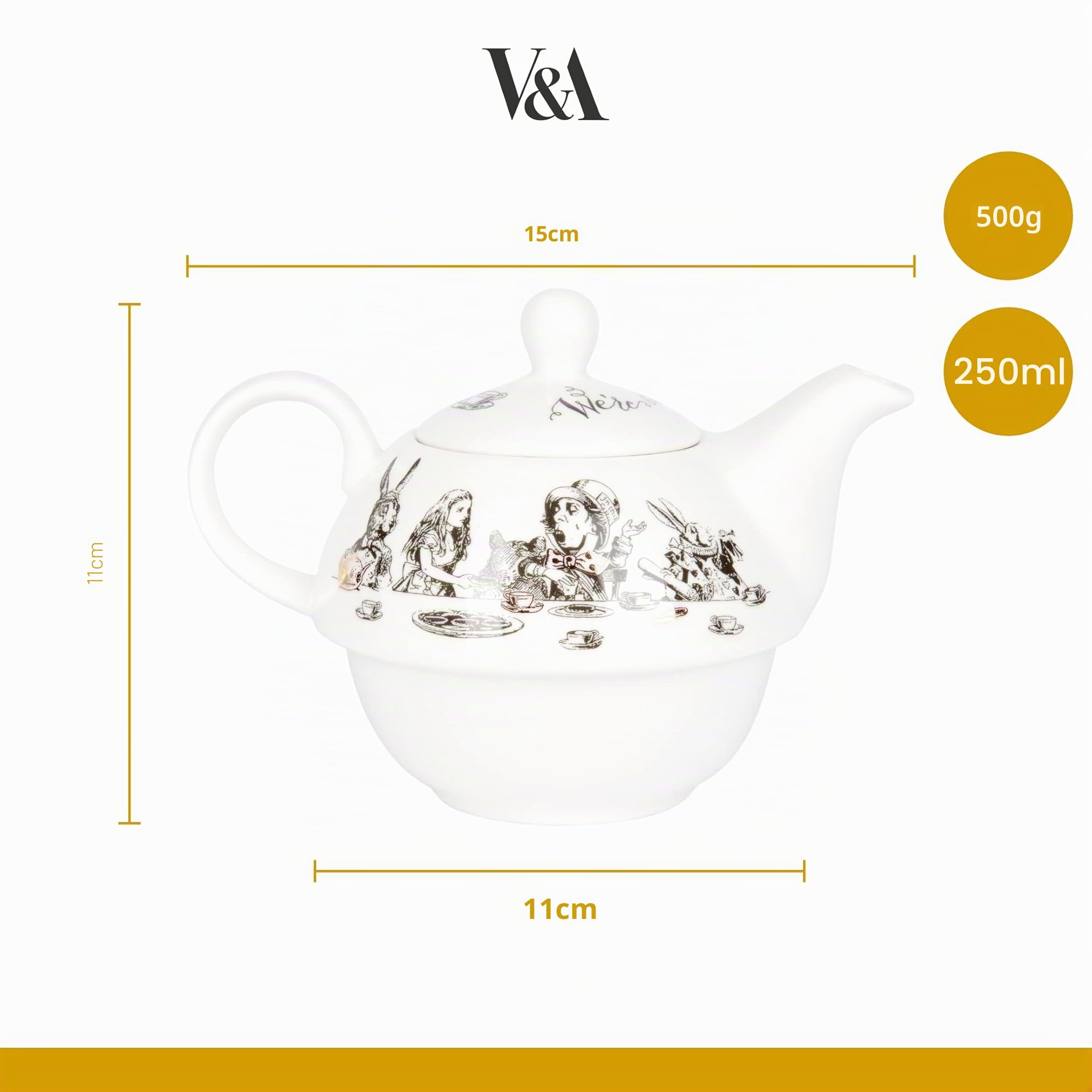 V&A Alice nel Paese delle Meraviglie Set di Teiere e Tazze per 1 in Scatola da Regalo, Set da Tè in Fine China, Bianco, 250ml