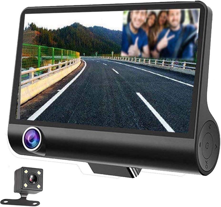 Car Dash Cam, 3 Channel Dvr Recorder | Dual Camera Dash Cam Front and Rear | Vehicle Camera with G-Sensor, Parking Mode, Loop Recording + Night Vision Rearview Cam