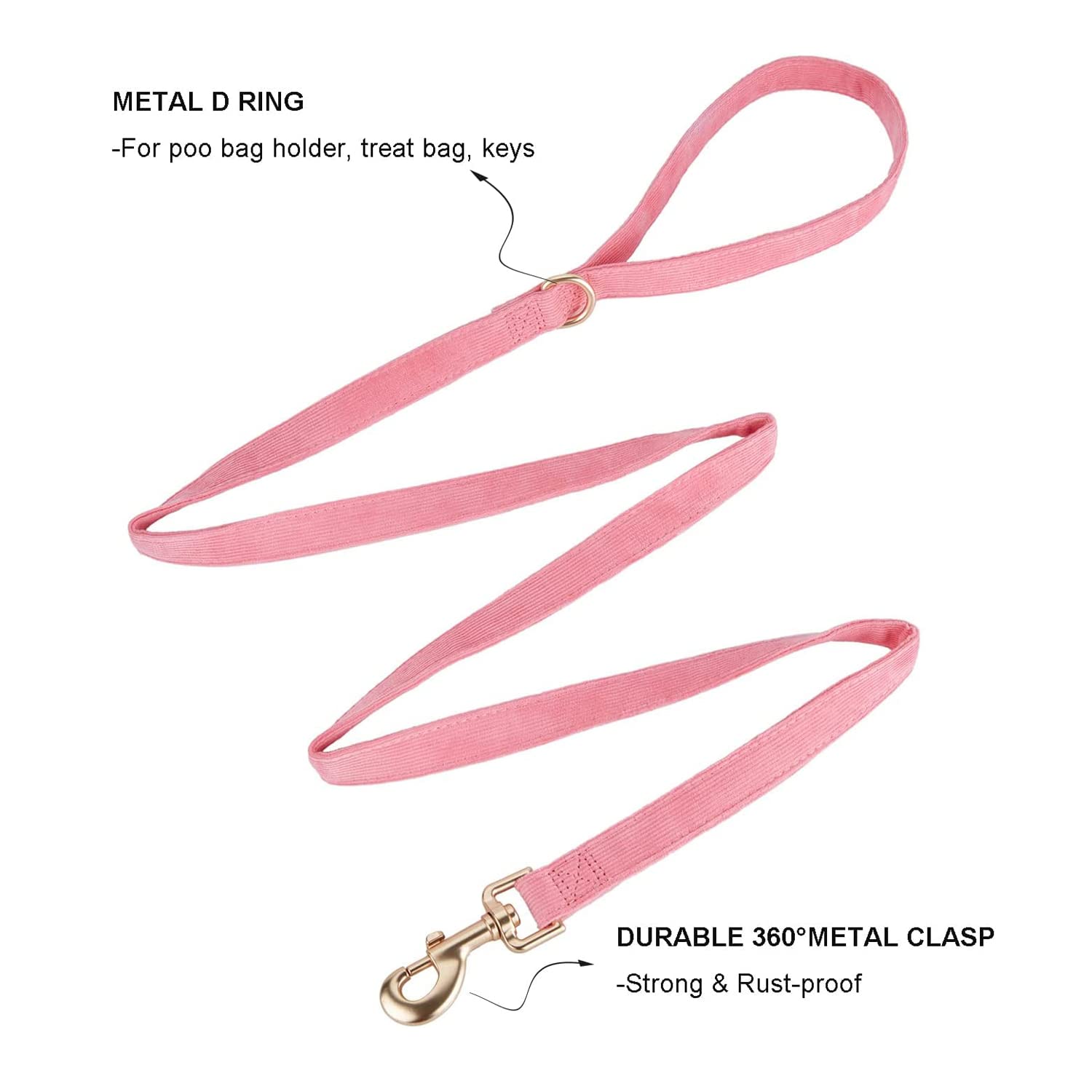 Correa de pana de algodón suave con cierre de metal dorado para perros pequeños, medianos y grandes, el collar a juego se vende por separado (M, rosa)