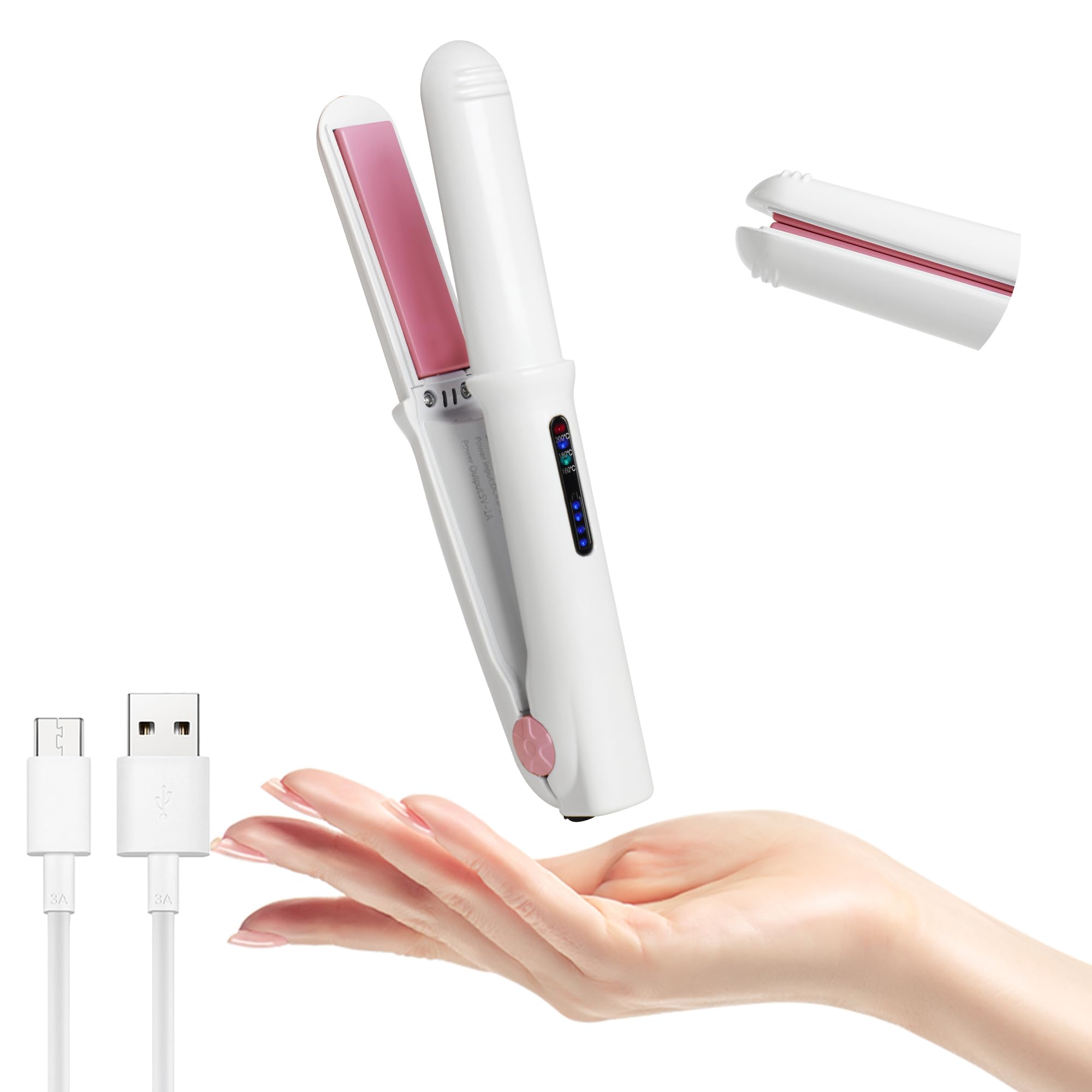 Cordless Mini Flat Iron Ceramic Portable Small Hair Straightener 3 Adjustable Temperature Levels Fast Heating Hair Curling Wand USB Rechargeable Straightening Iron for Short Hair Curls Bangs