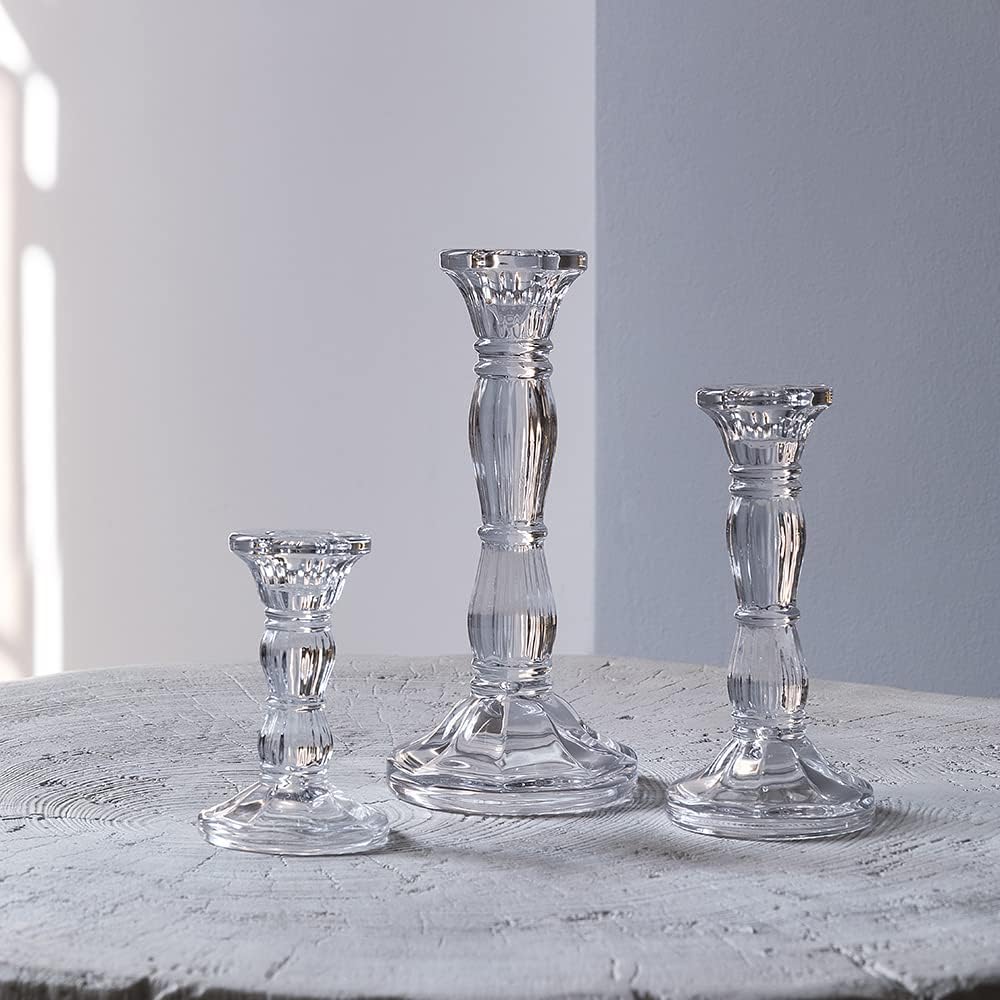 3Pack Glass Candle Stick Holders - Clear Crystal Taper Candles Holder– Table Centerpieces for Buring Candles, Led Taper Candle,Party and Wedding Decoration(4,6,8inches Tall)