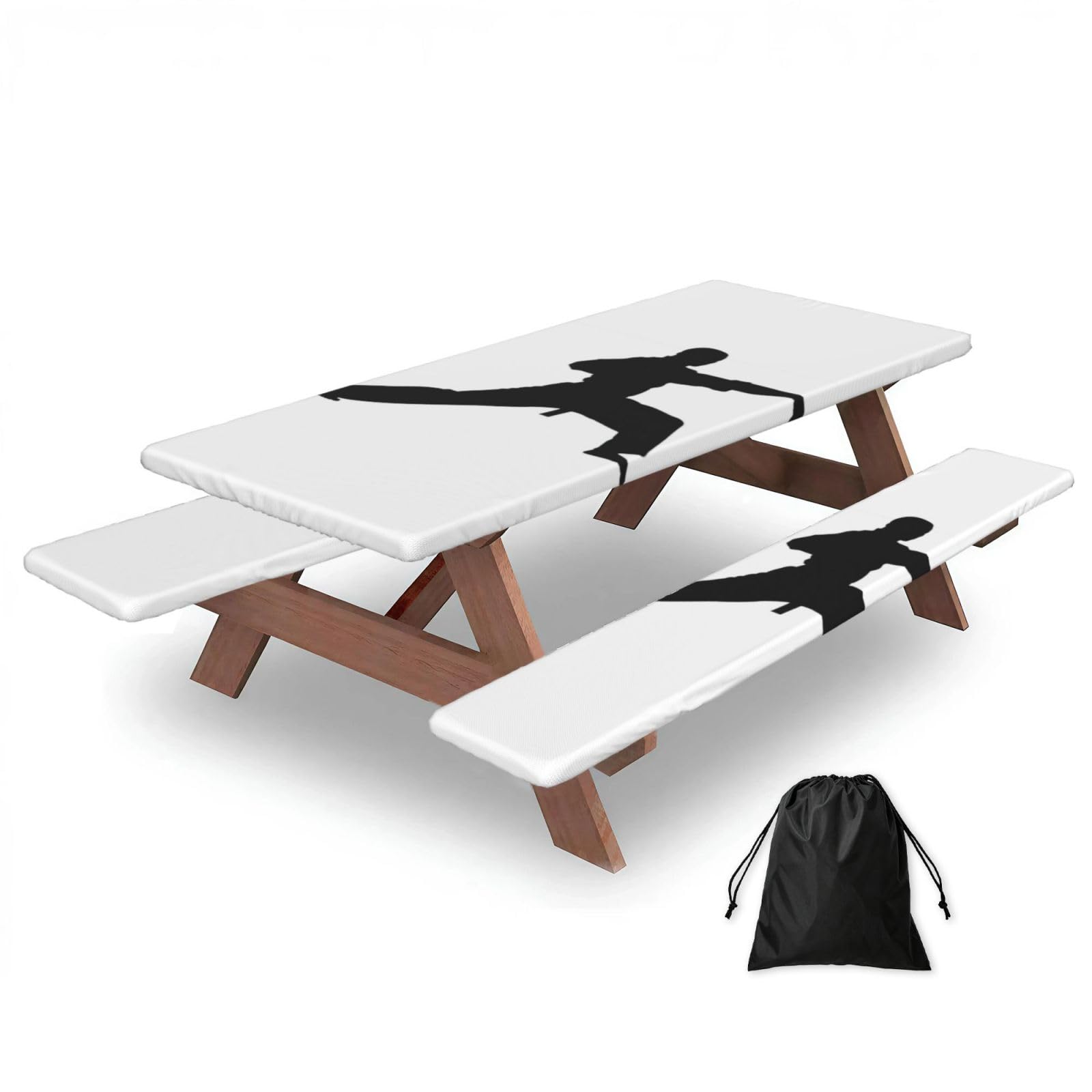 Karates Print 183cm Picnic Table Cover With Bench Covers, Waterproof Elastic Tablecloth Set For Outdoor