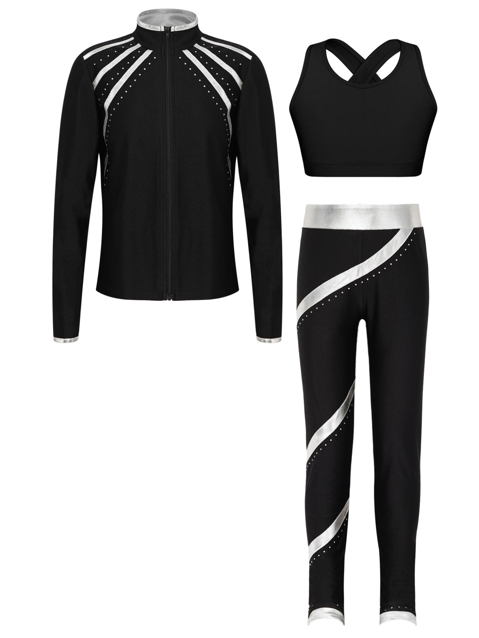 Hansber Kids Girls 3Pcs Dance Sports Outfit Crop Top Leggings with Long Sleeve Zipper Jacket Gym Yoga Training Tracksuit