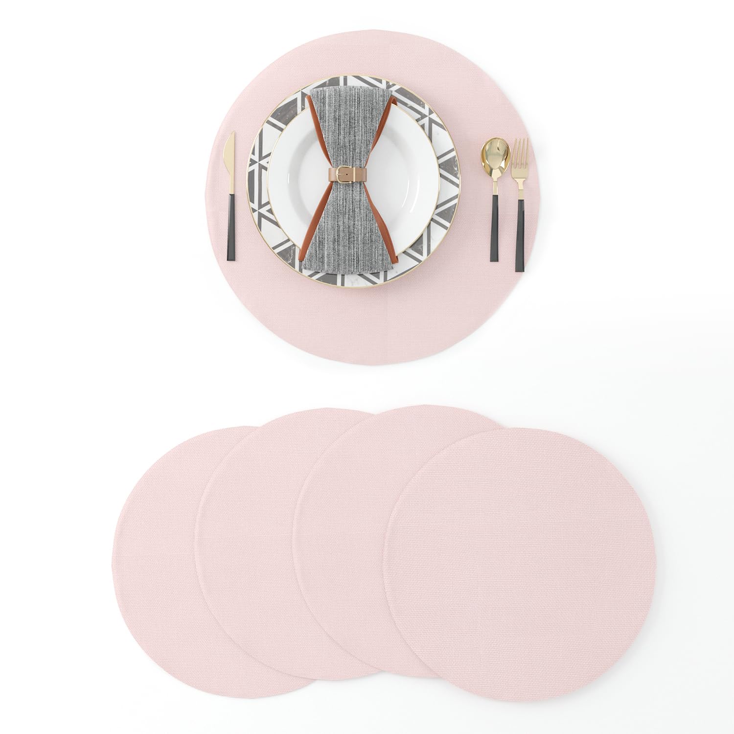 NATUS WEAVER Set of 4 Round Placemat 15 Inch Soft Linen eco-Friendly Fabric Handcrafted Machine Washable Indoor & Outdoor Tablemat Baby Pink