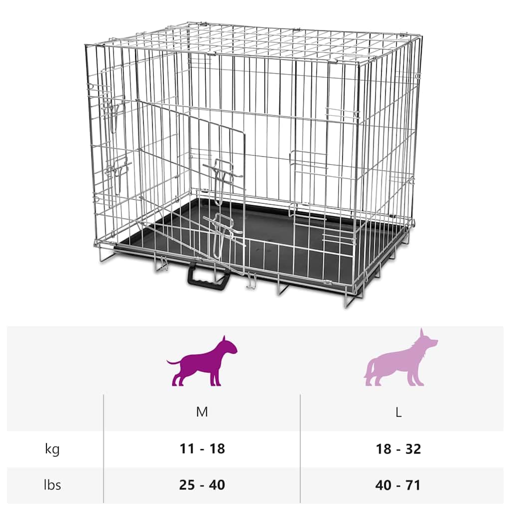 Gabbia Pieghevole per Cani M in Acciaio Zincato con 2 Porte e Pavimento in Plastica, 76x55x61 cm