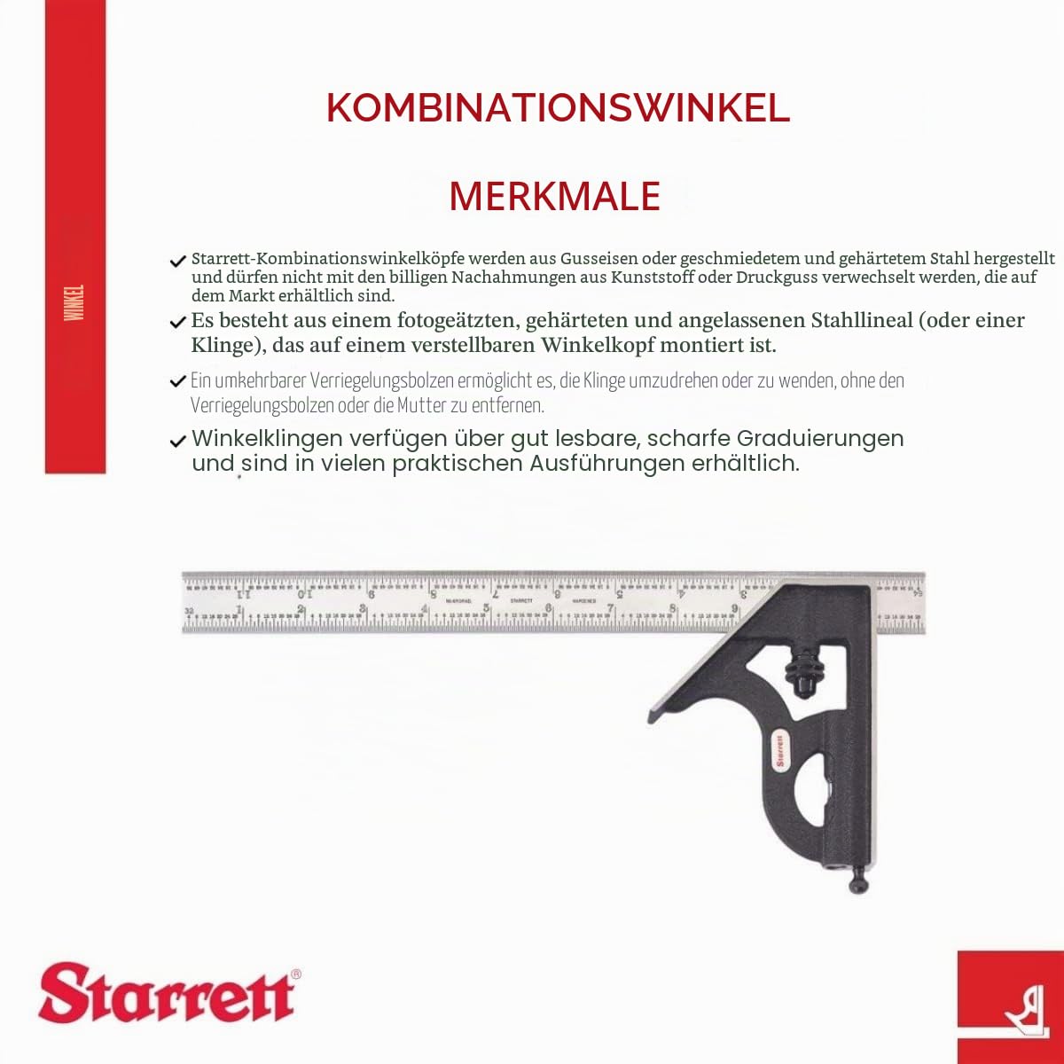 Starrett Stahl-Kombinationswinkel mit quadratischem Kopf – 30,5 cm Klingenlänge, Gusseisenkopf, gehärteter Stahl, umkehrbare Schlossschraube, Anreißer, 4R-Graduierungstyp – C11H-12-4R