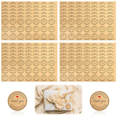 504 Pegatinas Adhesivas de Papel Kraft 'Hecho a Mano con Amor' y 'Gracias', Etiquetas Redondas de 4 cm para Regalos, Mermeladas, Galletas, Jabones, Bodas y Cumpleaños
