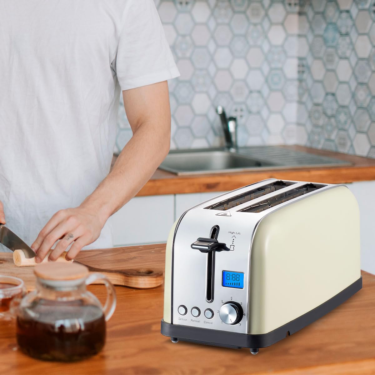PRIXTON Tostadora Bianca Pro, Tostador con 2 Ranuras para 4 Tostadas, Potencia 1500 W, 7 Niveles de Tostado, Pantalla LCD con Temporizador, Función Descongelar, Recalentar, Acero Inoxidable