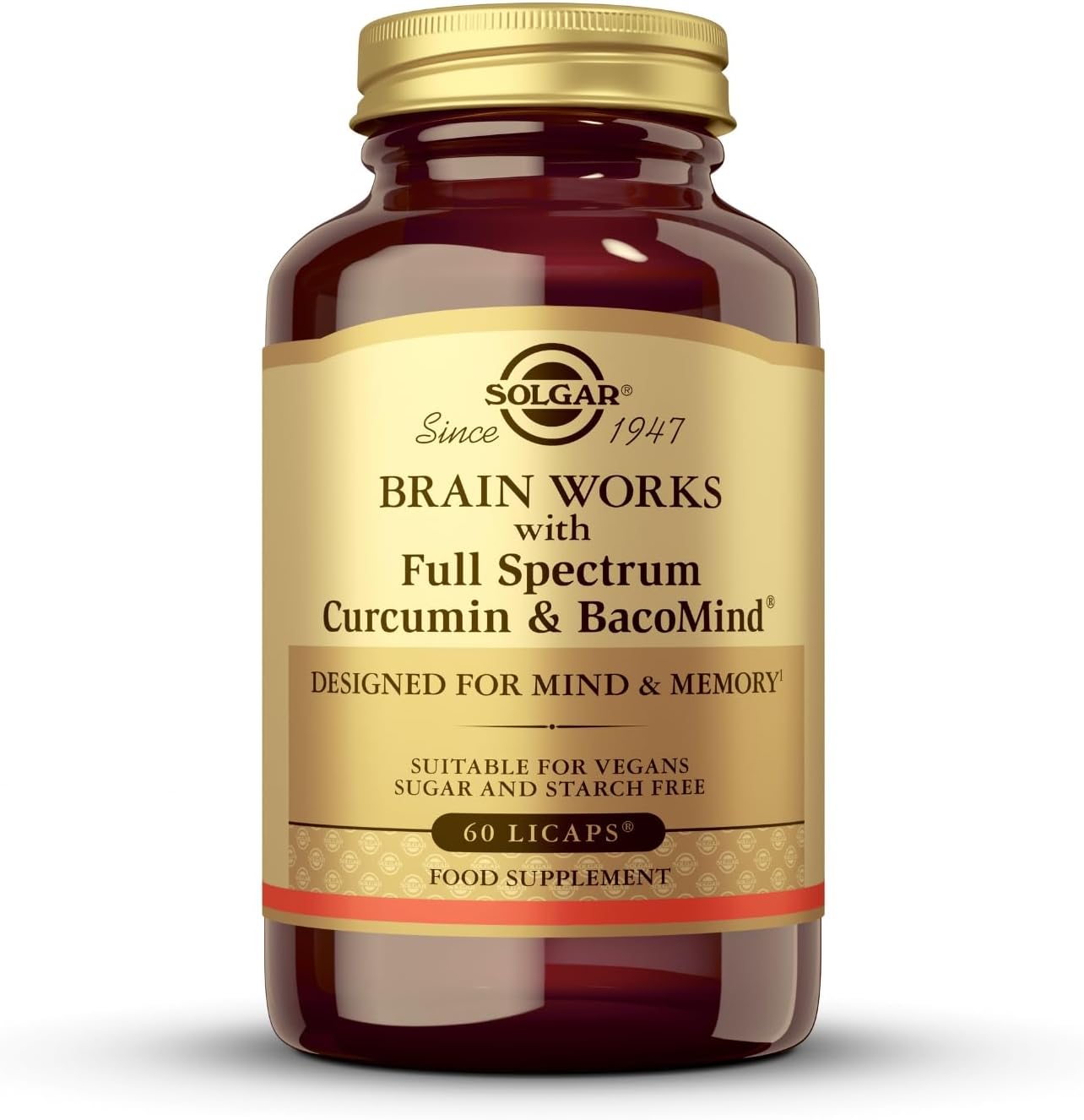 Brain Works with Full Spectrum Curcumin & BacoMind - Mind and Memory Vitamines - Choline Supplement - Supports Focus & Mental Performance - Gluten Free - Vegan Capsules - Pack of 60