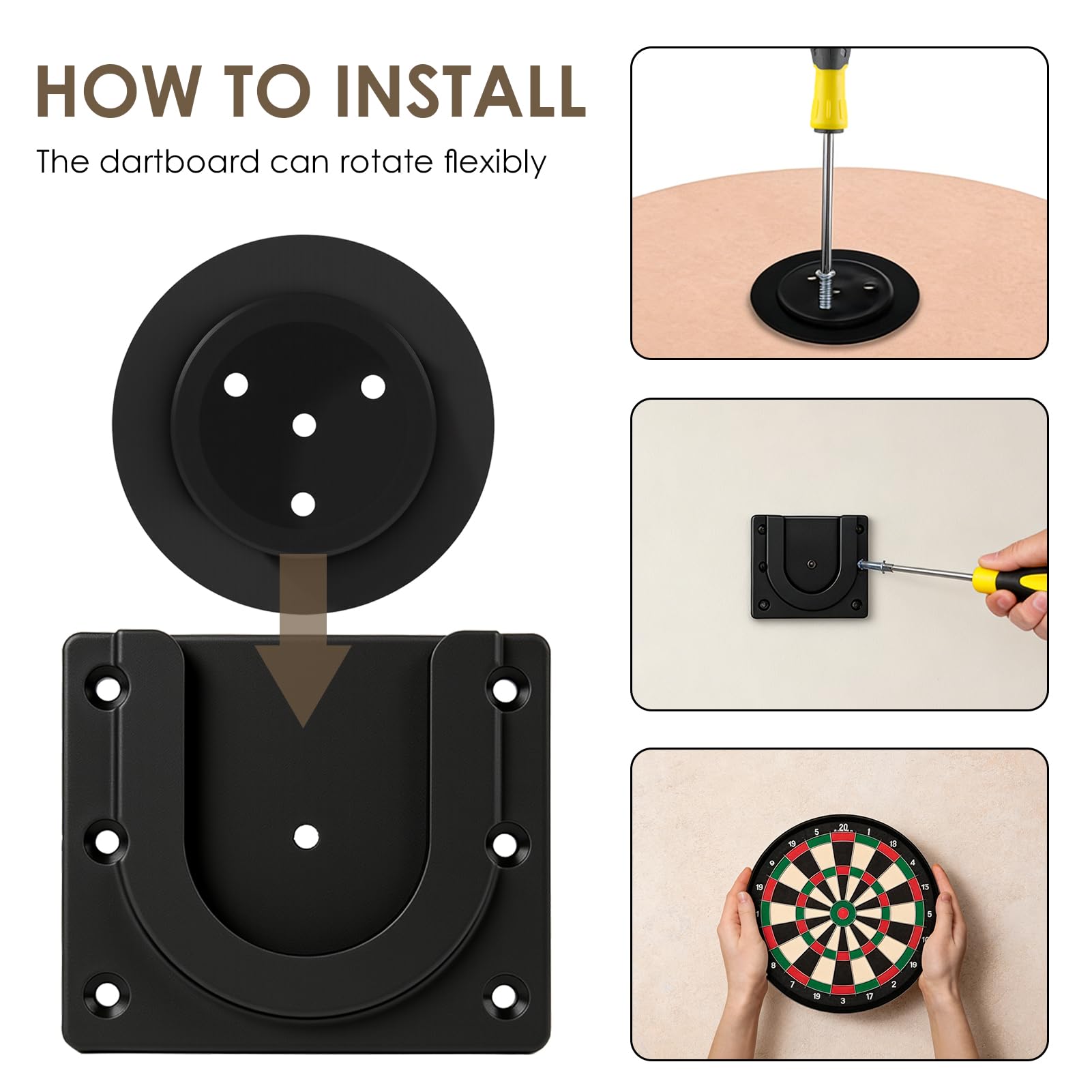 Support de Fixation pour Cible de Fléchettes – Support Mural pour Cible de Fléchettes Acier, Kit de Montage Mural pour Tableau de Fléchettes à Suspendre, Couleur Noire - 4