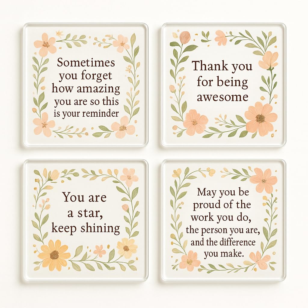 The Plum Penguin Women's Cottage Whispers Acrylic Coaster Set Of 4 With Cottagecore Quotes - Inspirational Drinkware For Home Office Decor - Gift For Or Colleagues