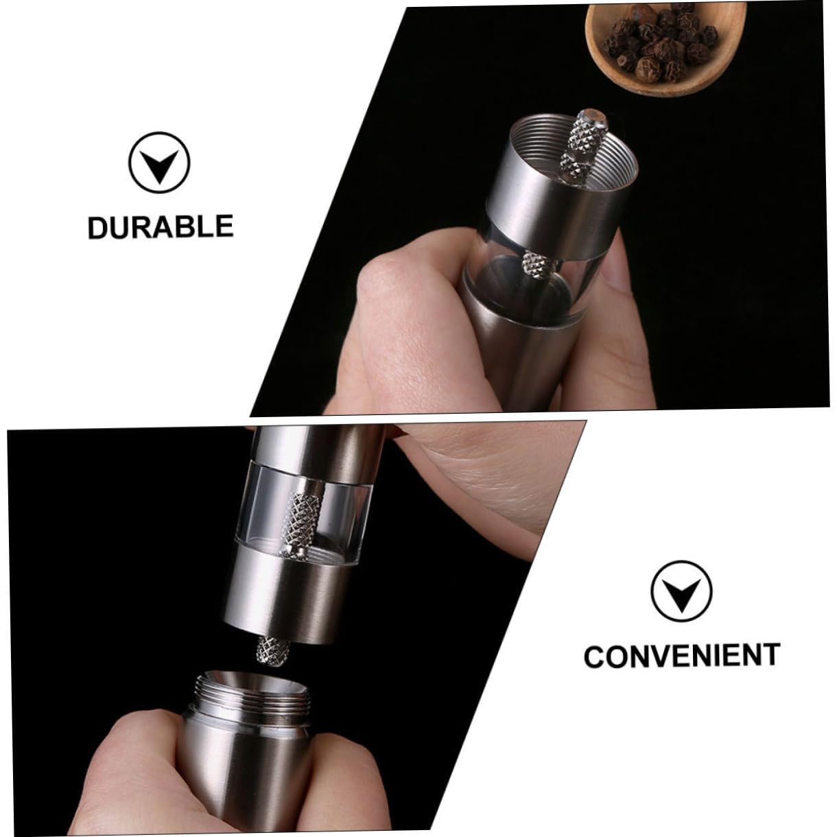 Handmühle für Schwarzen Pfeffer aus Edelstahl, Fein Mahlend, Silber | 1 Stück, für Kreuzkümmel und Weitere Lebensmittel Geeignet, Kompakt für Küche und Tisch
