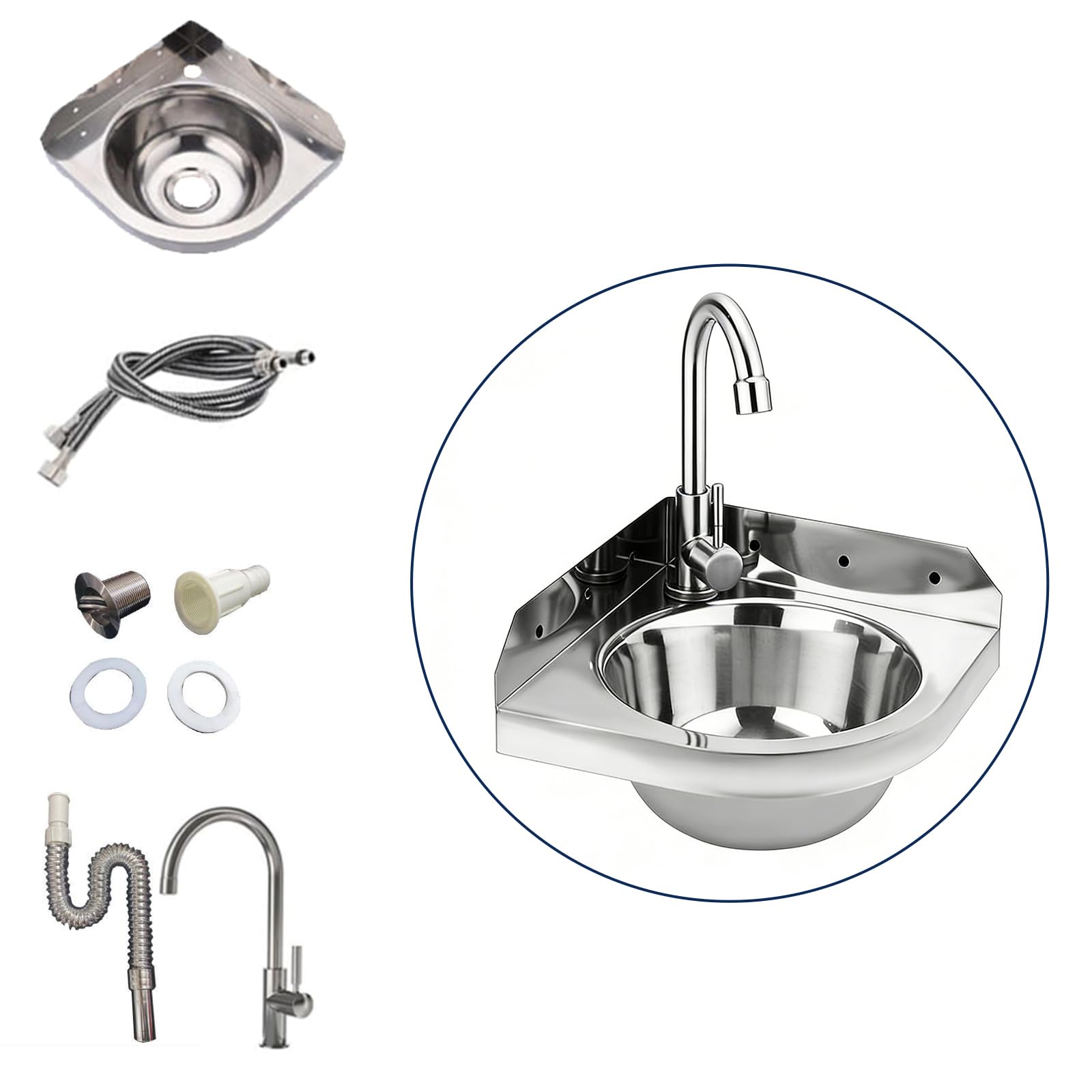 Lavabo ad Angolo in Acciaio Inox, Lavabo da Parete Triangolare, Lavello in Acciaio Inox con Rubinetto Acqua Calda e Fredda, Salvaspazio per Bagno, Camper, Barca, WC, Garage