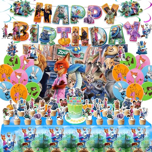 Birthday Party Decorations Set - 1 Backdrop (39 x 59) 1 Big Topper 1 Tablecloth 15 Birthday Banner 24 Cupcake Toppers 16 Balloons 6 Hanging Swirls - JungleThemed Game Celebration