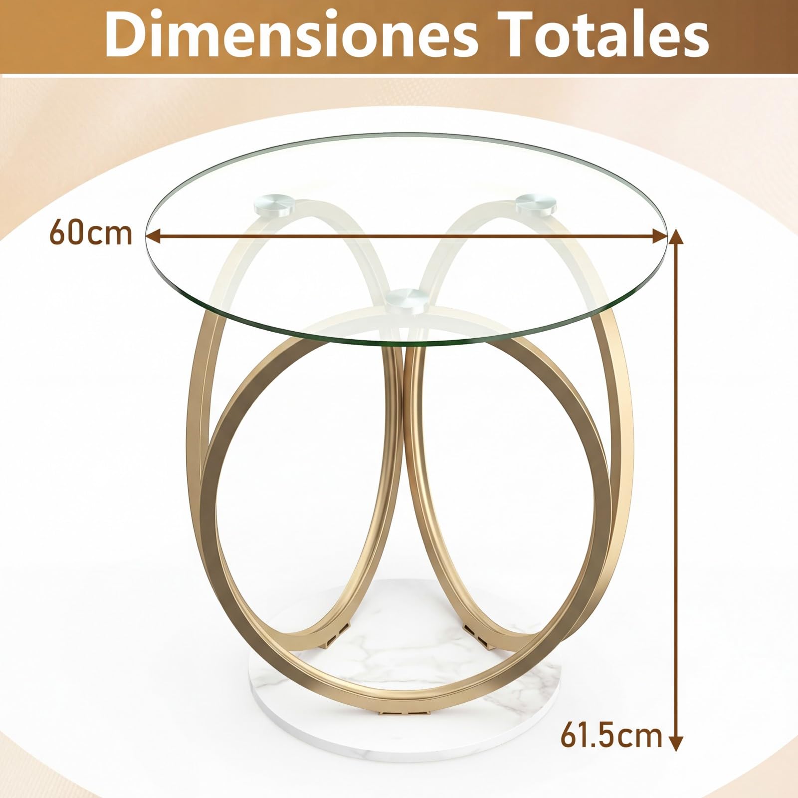 COSTWAY Mesa de Centro Redonda, Mesa Moderna de Vidrio Templado con Marco Geométrico de Anillo Metálico, Mesa Auxiliar para Salon, Oficina en Casa, Espacios Pequeños, 60 x 60 x 61,5 cm