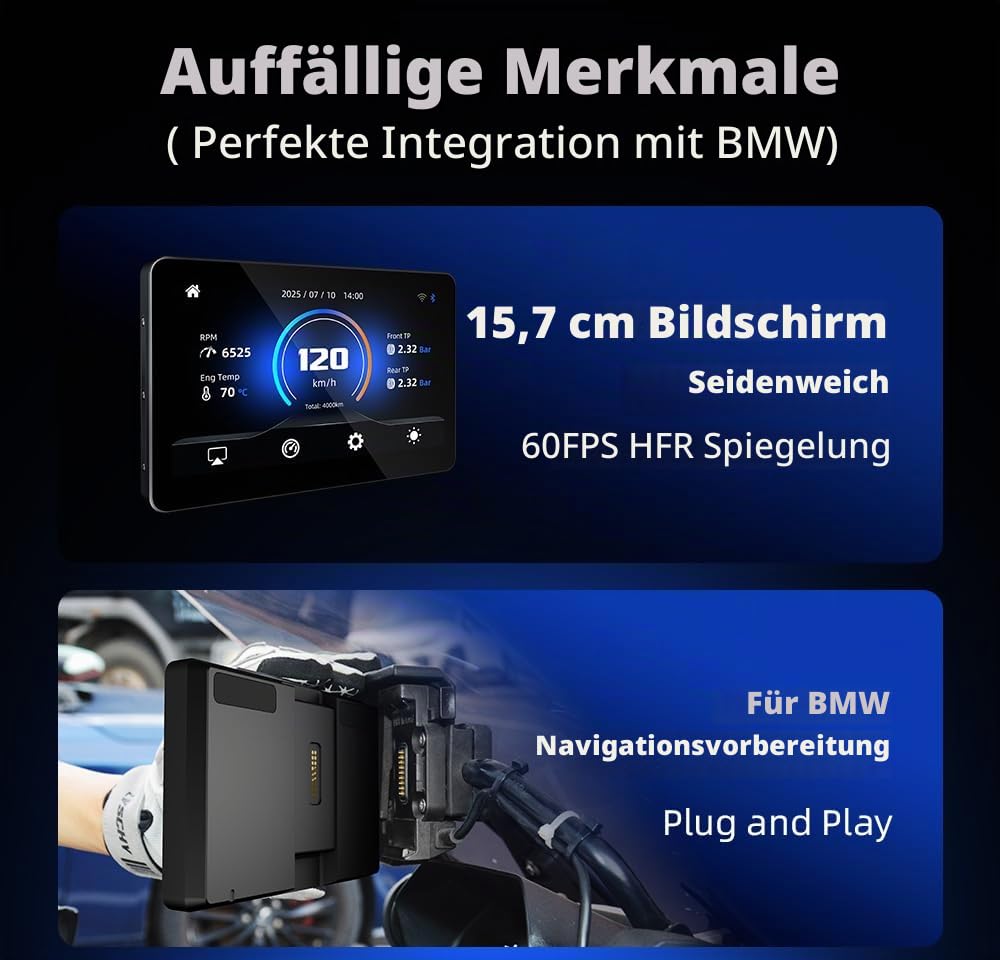 6,2" Motorrad Display f. BMW GS/XR, CarPlay, Wonder Wheel & Daten | Für BMW GS & XR: 6,2" Display mit Wonder Wheel Steuerung, Fahrzeugdaten-Auslesung, kabellosem CarPlay & Android Auto.