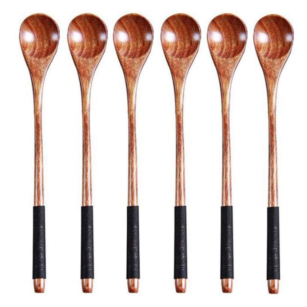 CTRLZS 6Pcs Long Handled Wooden Spoons Wood Tea Coffee Spoon Japanese Style Dessert Spoon Set Honey Mixing Spoon Wood Tableware