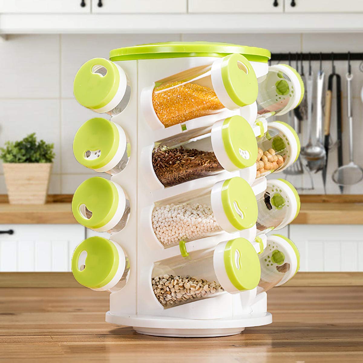 Étagère à épices Carrousel à épices Porte épices portable rotative à 360° pour comptoir de cuisine 16 bocaux à deux trous