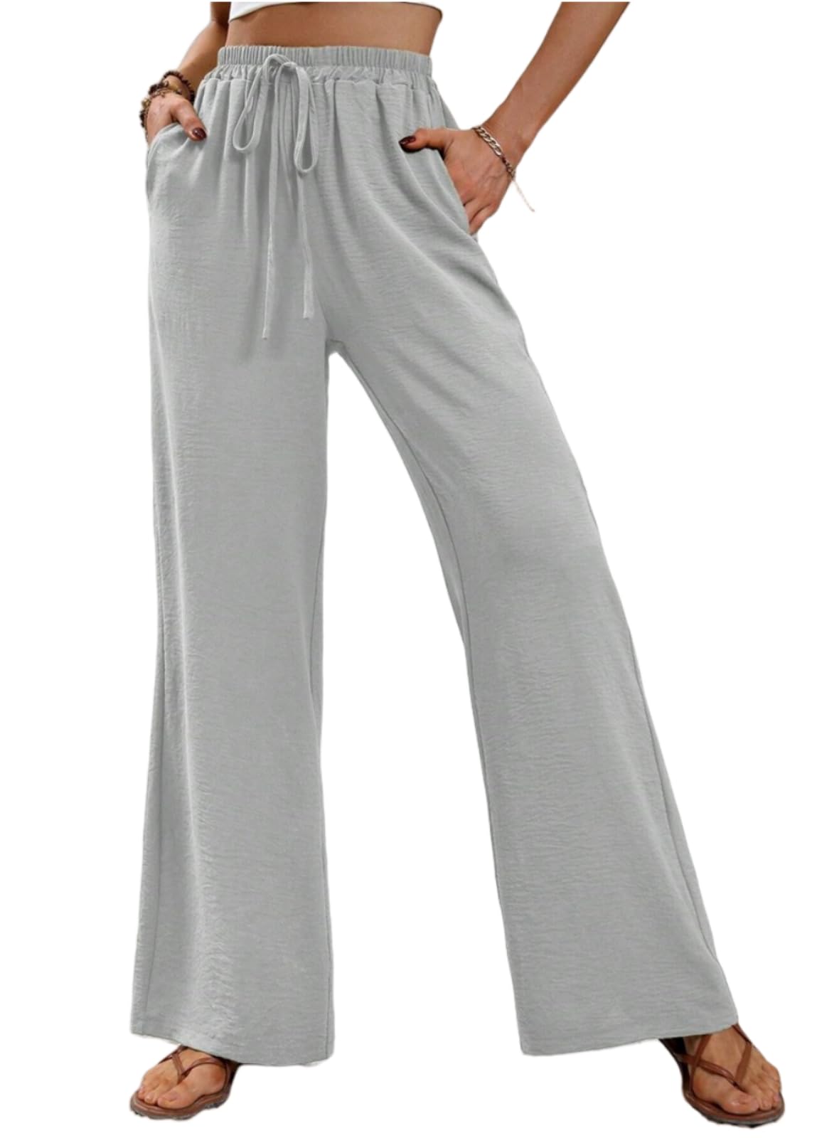 SIAOMA Womens Wide Leg Pants Solid Color High Waist Elastic Trousers Pants with Pockets Grey Medium