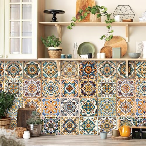 Azulejos Adhesivos Cocina 20x20 cm Verde Y Amarillo Retro Vinilos Baño Azulejos Impermeable Azulejos Adhesivos Baño Vinilo Pared Decoración de Muebles Azulejos Adhesivos (24 Piezas)