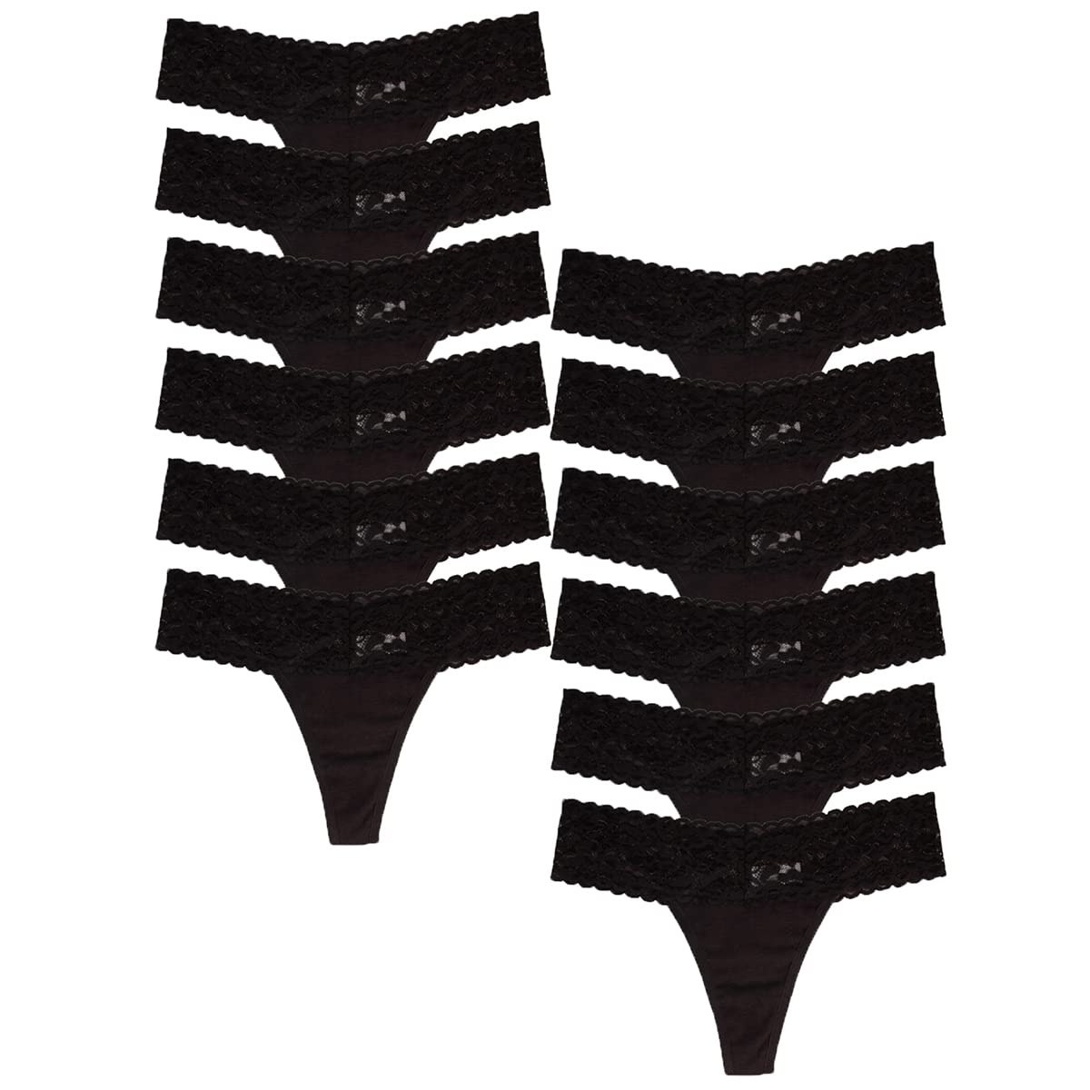 Jo & Bette Women's Cotton Thong Underwear, Lace Trim Soft Sexy Lingerie Panties Set (12pk Black - Large)