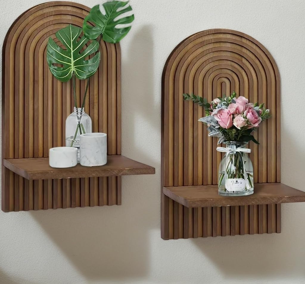 Boho Wall-Mounted Shelf – Rustic Reclaimed Wood Floating Shelf, Handmade Vintage Storage Organizer for Home Decor Candle Holder. (2 Pack, Brown)
