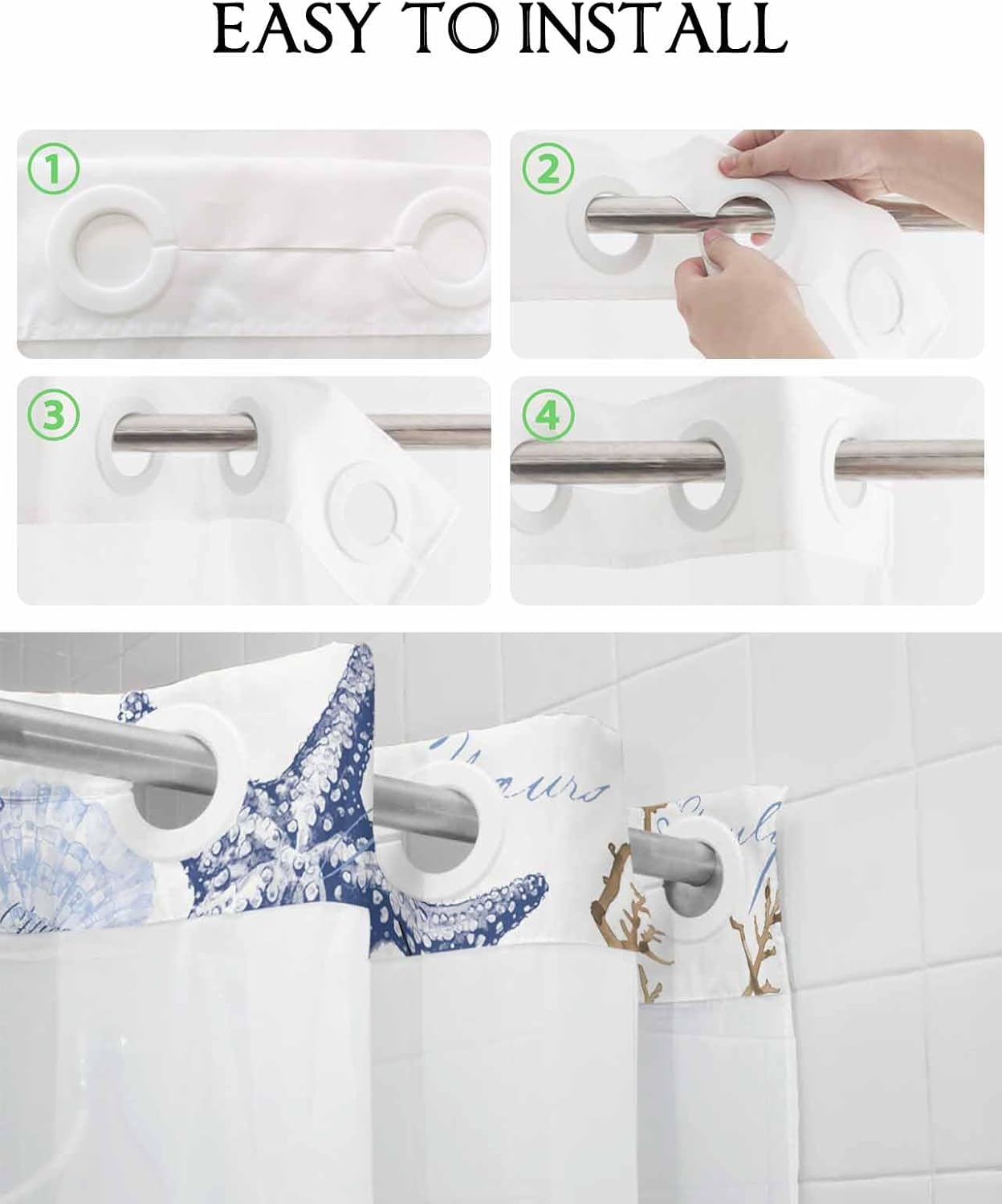 No Hook Shower Curtain with Snap-in Liner Set, Coastal Starfish Waterproof Hotel Style Shower Curtains for Bathroom, Ocean Nautical Boats Coral Shell Mesh Top Window Detachable Bath Curtains 72''x78''