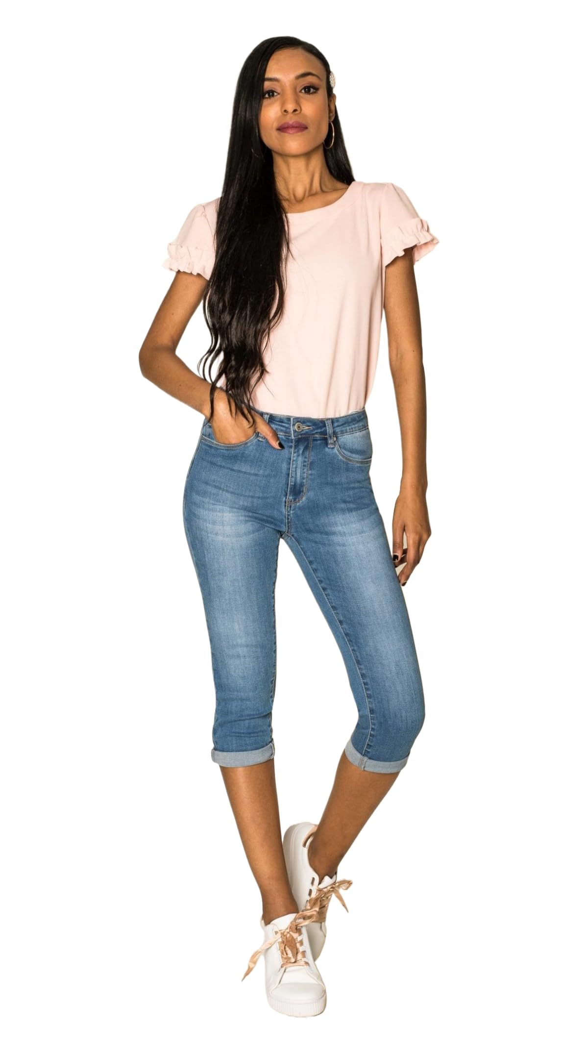 Nina Carter P132 Capri Skinny Fit Jeans a vita alta, effetto lavanderia