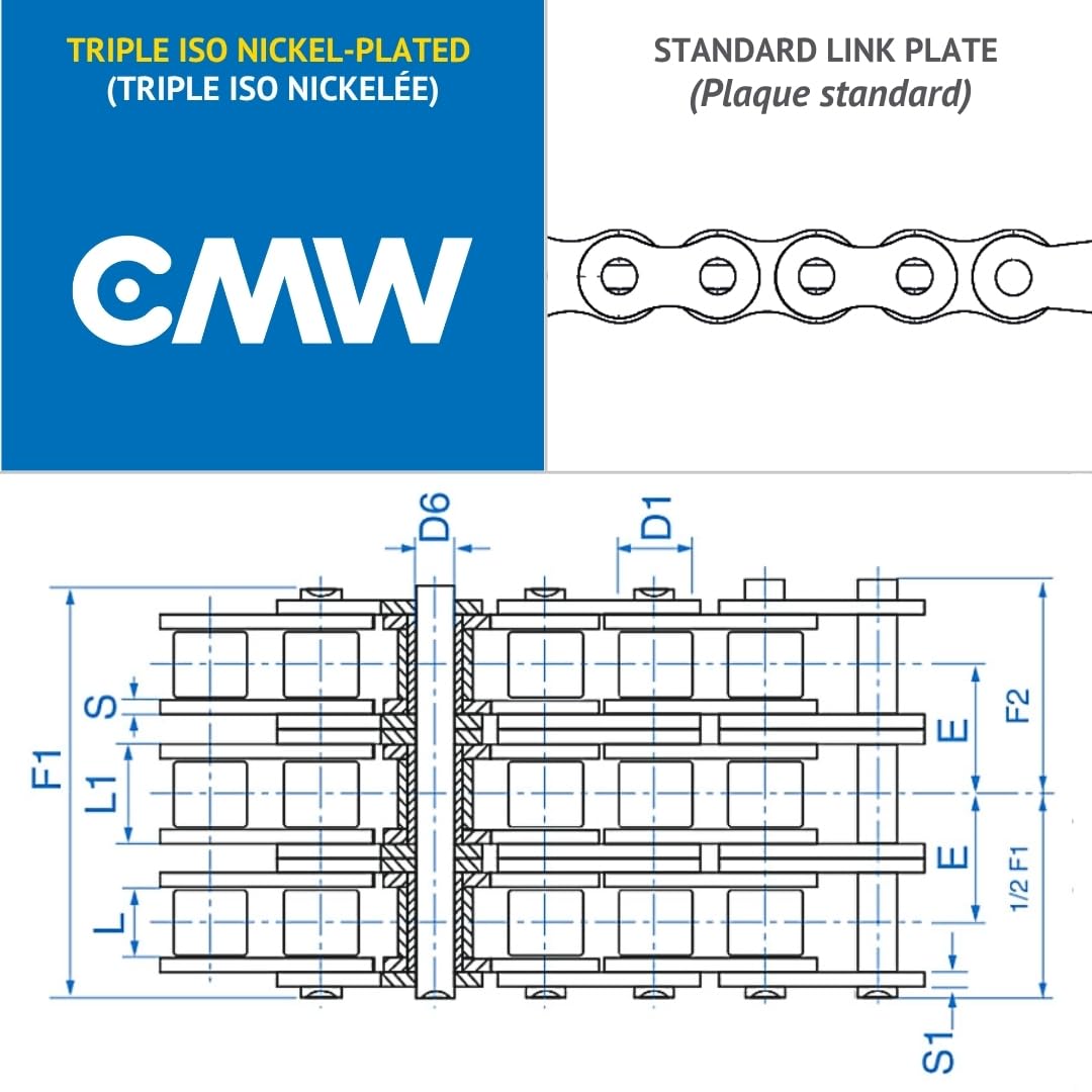 CMW - Catene di trasmissione standard - Tripla dentatura - Nichelata - Passo 19,05 mm - ISO - 12B-3 - Rotolo da 5 metri