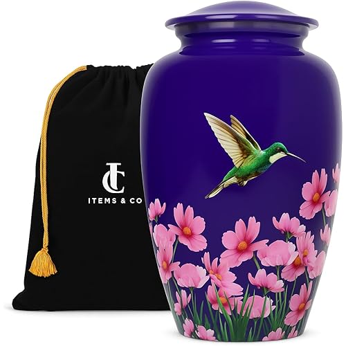 Cremation Urn for Human Ashes Adult Male Female – Large 200 lb Capacity Hummingbird Funeral Urn by ITEMANDCO, Handcrafted Aluminum Memorial Burial Urn, Purple