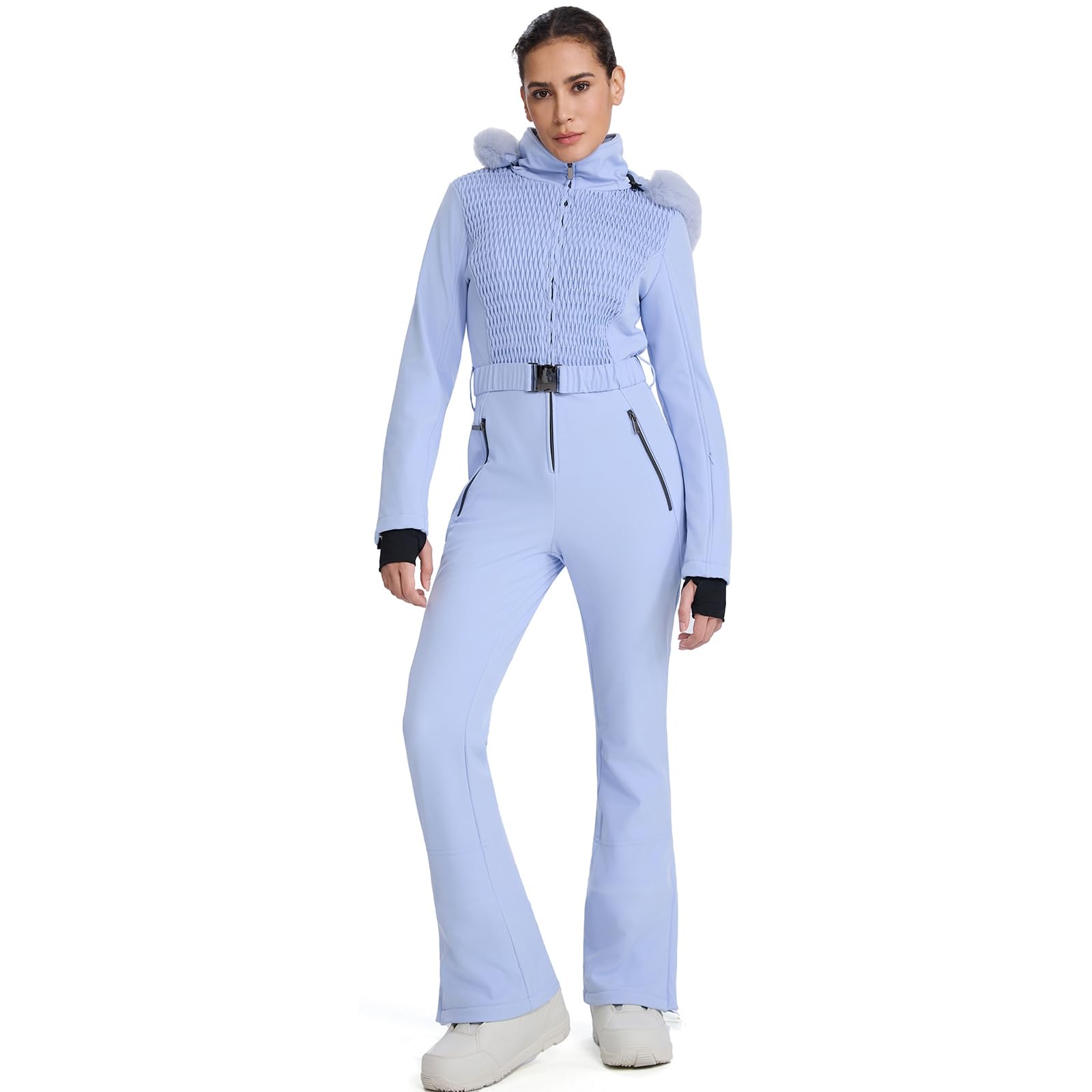 HOTIAN Tuta da sci da donna, monopezzo, impermeabile, antivento, calda, con cappuccio, Blu, XL