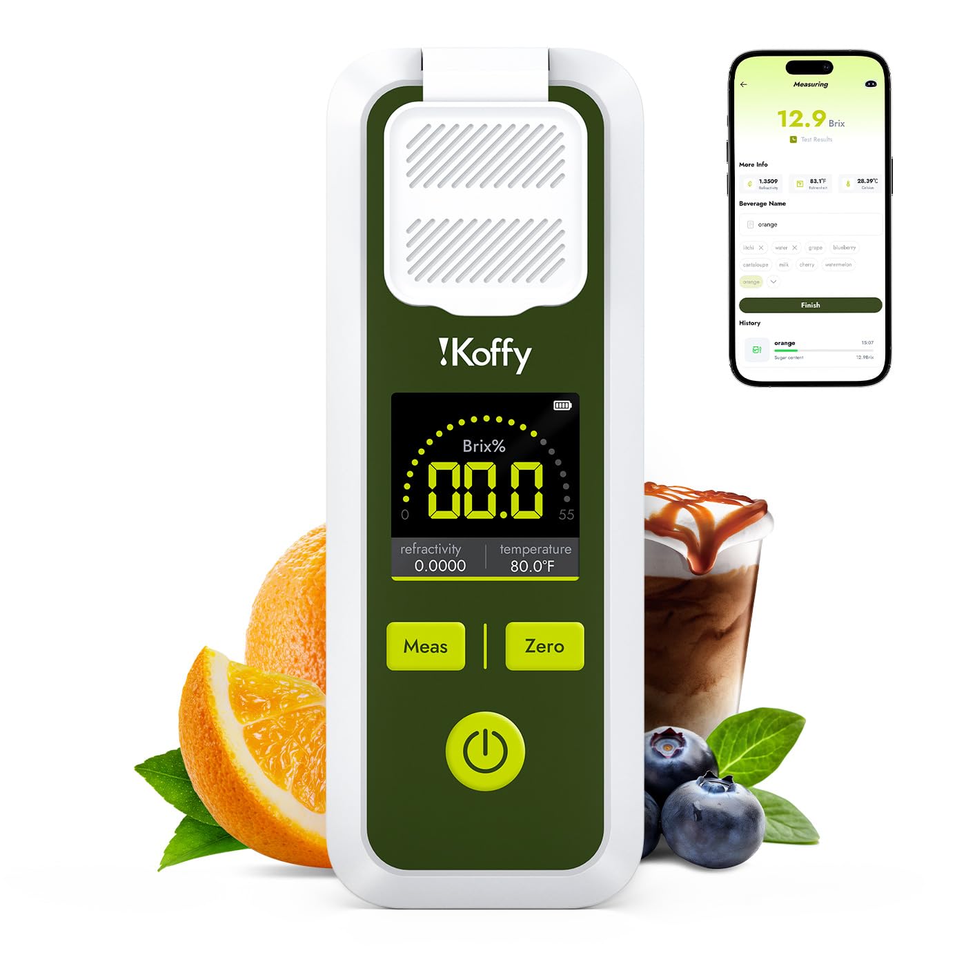 AI Digital Brix Refractometer with ATC, APP Sync & AI Analysis, 0-55% Range, ±0.1% Accuracy, Waterproof & Rechargeable, for Fruits, Vegetables, Juices & Beverages