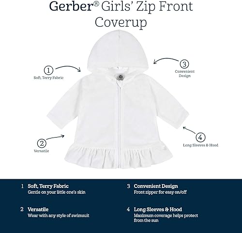 Miniatura 6 de Gerber Cubierta para traje de baño con capucha y cremallera para bebés y niñas pequeñas, Rosado
