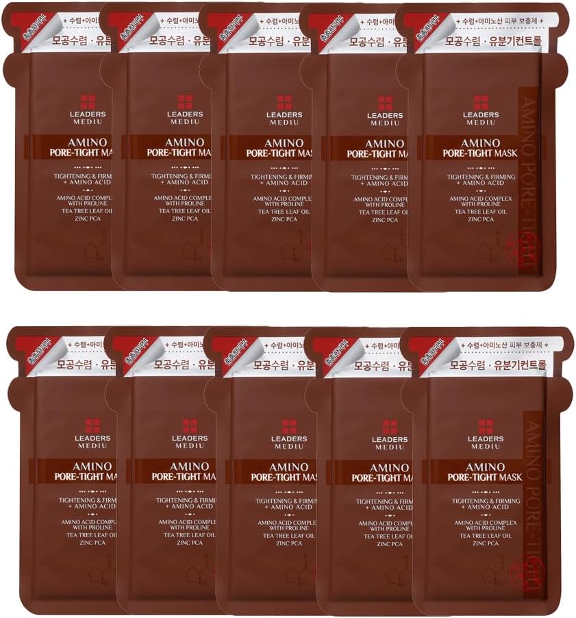 Leaders Mediu Amino Pore-Tight Facial Sheet Mask | Amino Acid Complex, Tea Tree Oil, Zinc PCA for Acne-Prone, Oily Skin, Minimizes Pores, Matte Finish (10 Sheets)