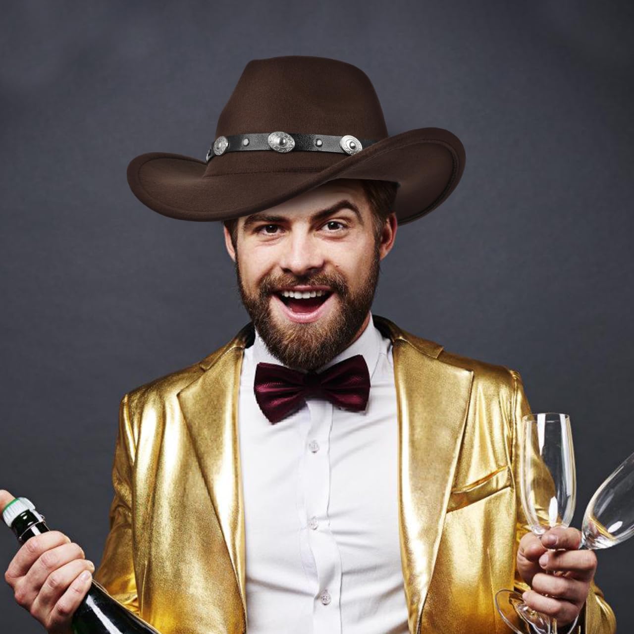 SAFIGLE Western Cowboy Hat for Men and Women Felt Wide Brim Top Hat Classic Western Party Costume Accessory - Image 2