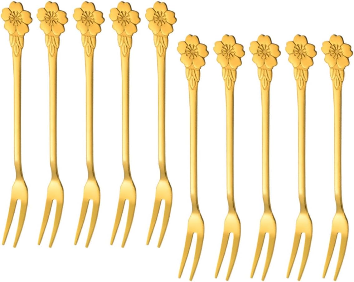 10Pcs Stainless Steel Dessert Forks Two Tine Appetizer Forks Golden