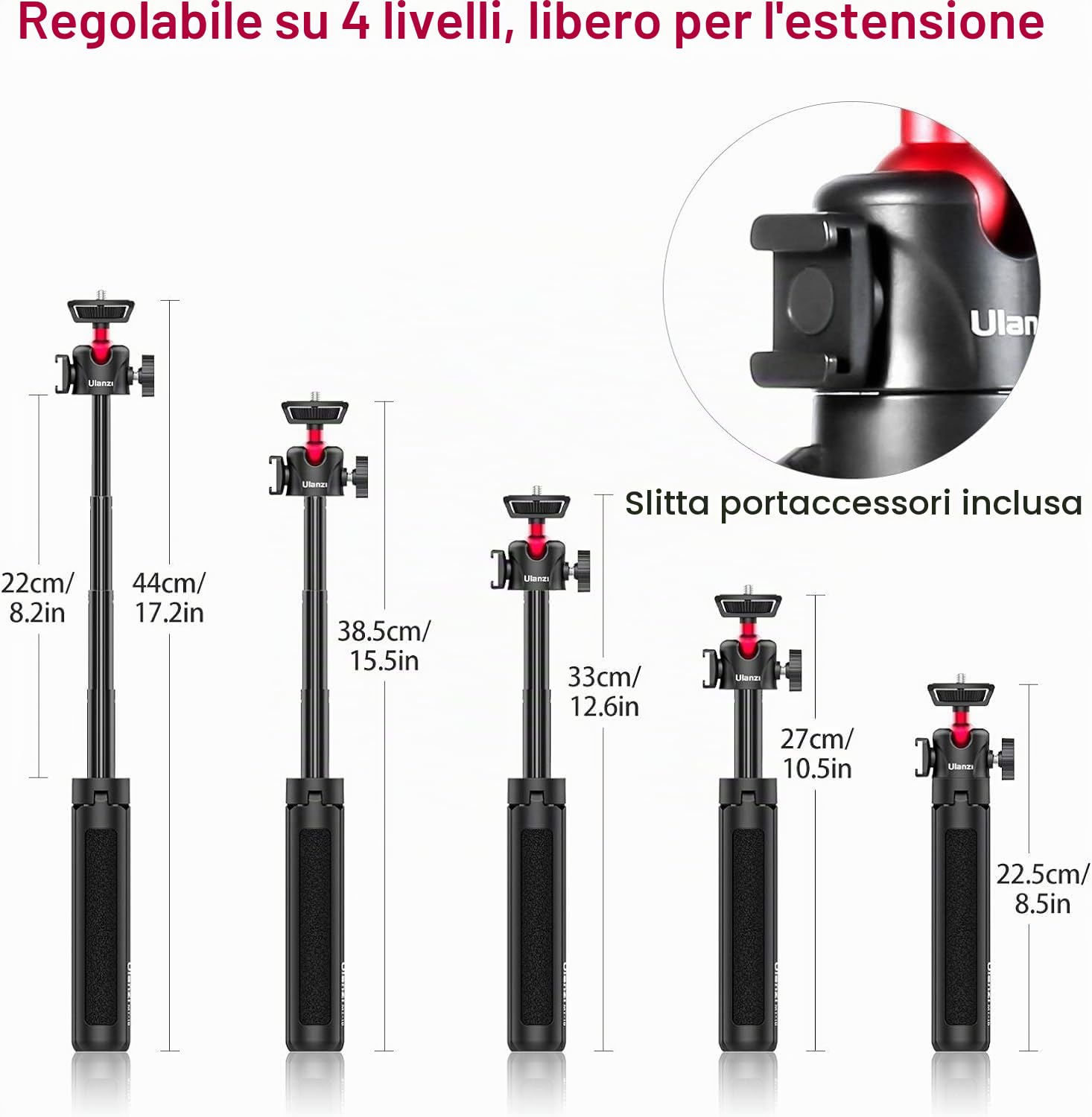 ULANZI MT-16 Vlogging Treppiede con testa a sfera a 360° 1/4 vite Cold Shoe Mount, Mini Tripod estensibile da 22 cm a 44 cm, piccola fotocamera Tripod per DLSR Canon Nikon Sony fotocamera Smartphone
