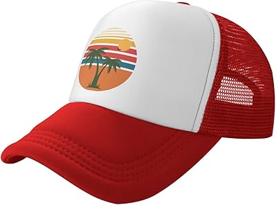 YNHXYFT Tropical Palm Tree Hat Mesh Cap for Men Women, Adjustable Trucker Hat Baseball Cap Red