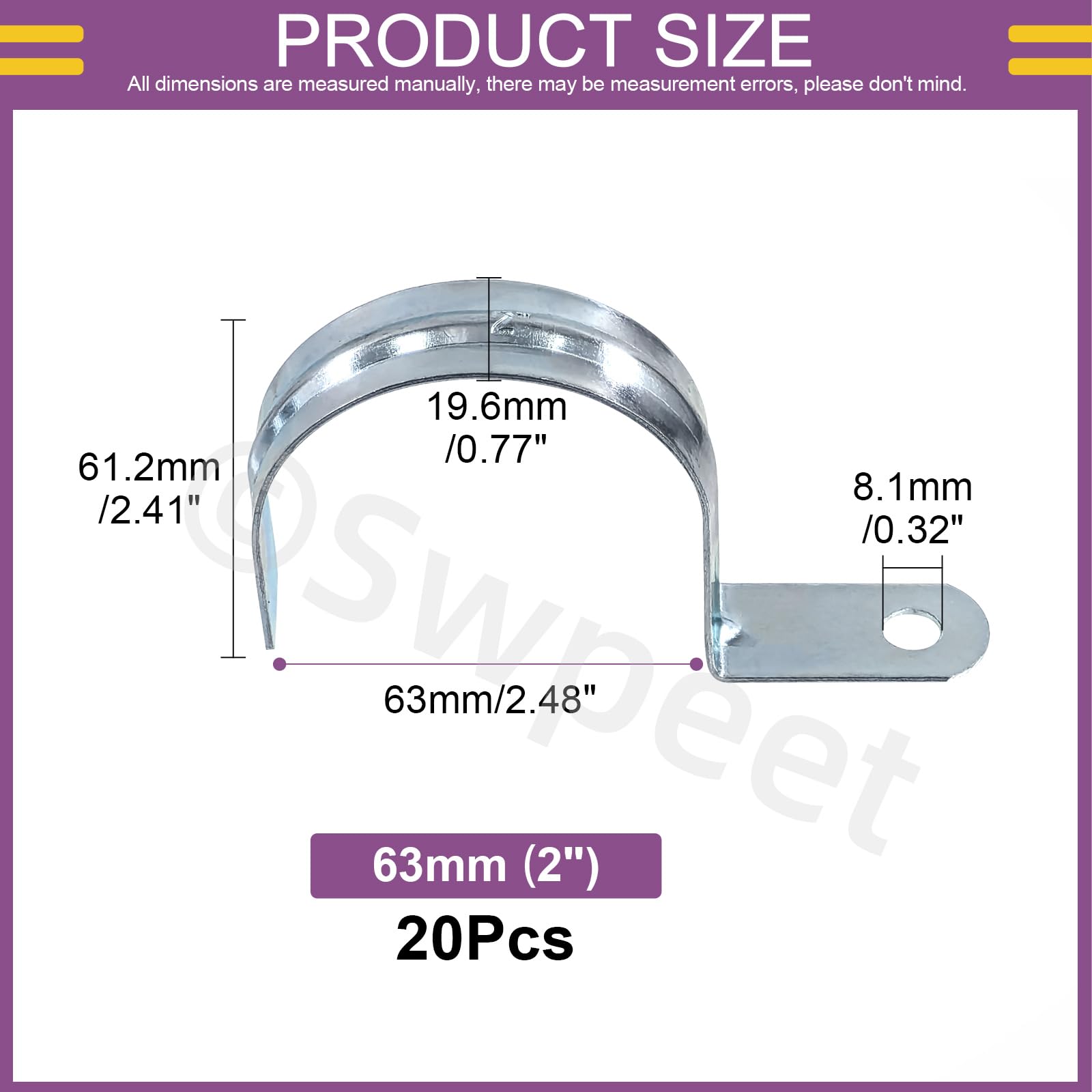 Swpeet 20Pcs 2-1/2"(63mm) Zinc Plated One Hole EMT Pipe Strap Kit - Image 2