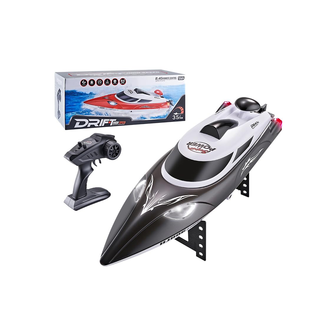 NULA 35KM/H RC Rennboot Für Pool, See, Fluss & Teich,2,4GHz Ferngesteuertes Boot Mit LED Beleuchtung, Kenter-Rückstellung Per Knopfdruck, Reichweitenwarnung/RTR Ausstattung-Schwarz