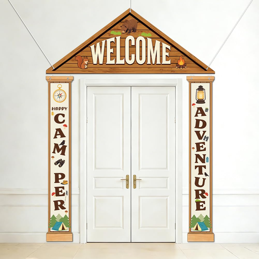 SUPERDANT 3Pcs Camping Porch Banner 180x68cm Adventure Party Sign Reusable Outdoor Door Decor for Summer Camp Birthday Baby Shower Themed Party