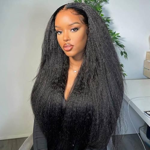 Alidiamond Kinky Straight Human Hair Wig 13X4 Kinky Straight Wig Human Hair Preplucked With Baby Hair 180% Density Yaki Straight Human Hair Wig 18 Inch Brazilian Remy Hair For Women #TOP6