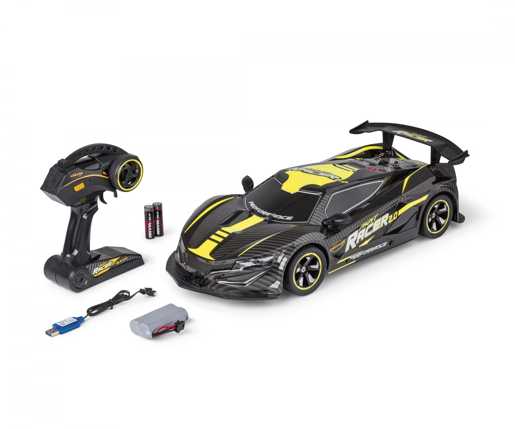 Carson 500404249 1:10 Night Racer 2.0 2,4 GHz 100% RTR żółty - zdalnie sterowany samochód, oświetlenie LED, w zestawie baterie i pilot zdalnego sterowania, czas jazdy ok. 40 min